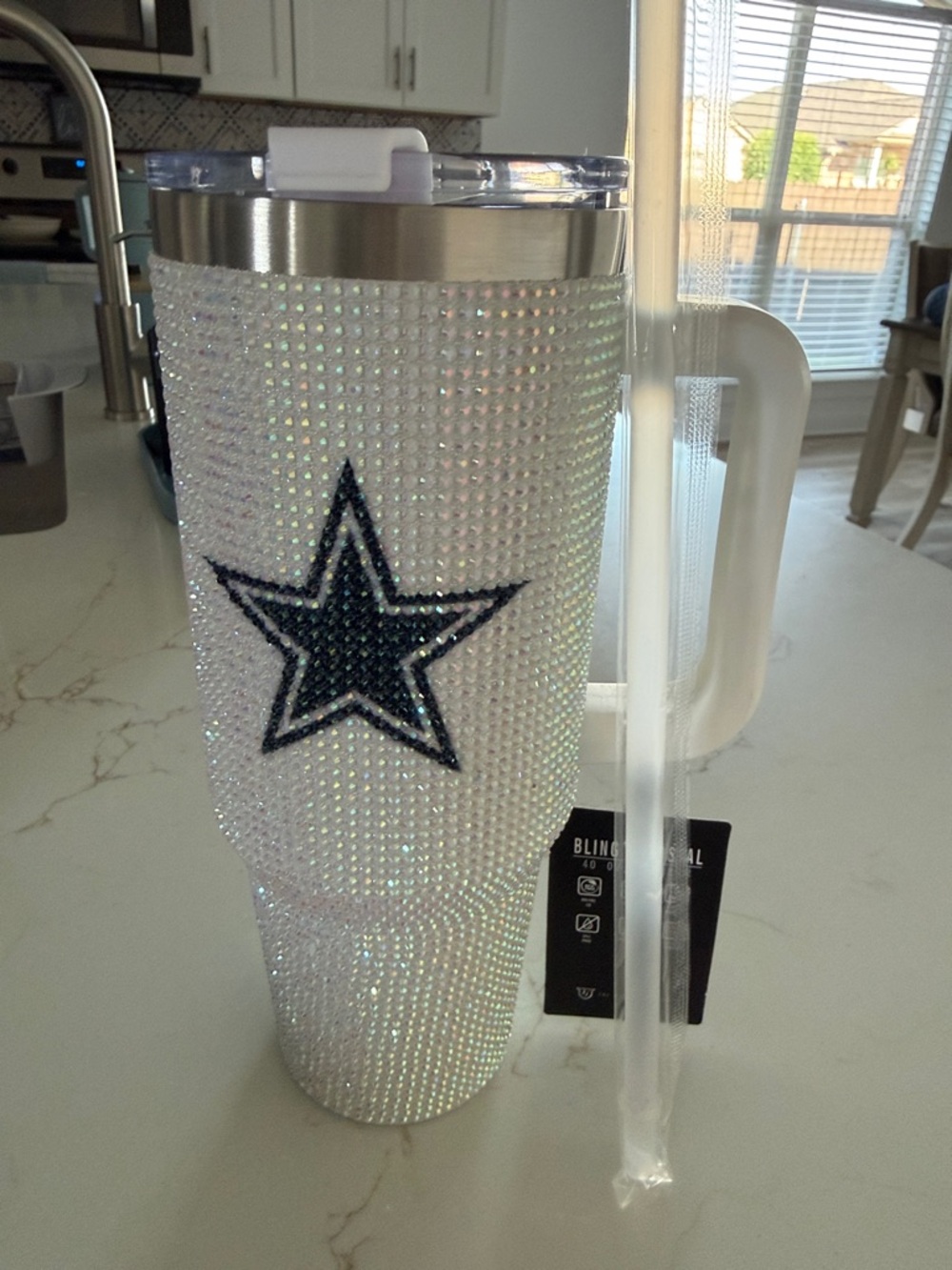 White Crystal-Embellished Stainless Steel Tumbler with Handle and Star Accent